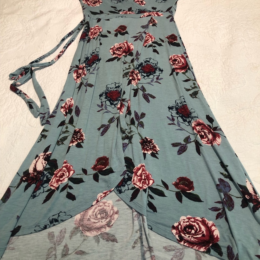Elegant Floral High Low Dress in Teal and Burgundy